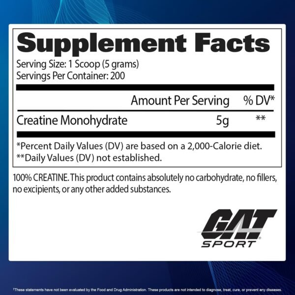 GAT SPORT 100% Monohidrato de creatina en polvo - 1000 gr - 200 porciones - Para hombres y mujeres - Sin Sabor - 100'% Creatina Micronizada de alta pureza