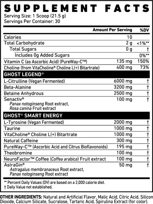 Pre Entreno Ghost Legend L-Citrulina Frambuesa Azul 30 Serv 630g Polvo